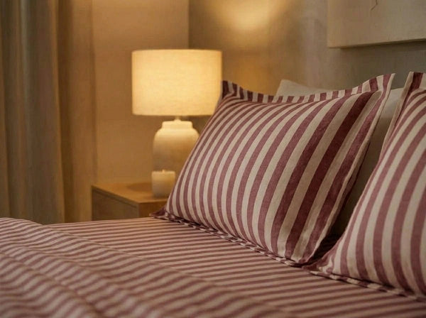 Havana Stripe Rose bedding set on fully made bed – 400TC cotton bedsheet by Snoozy Panda