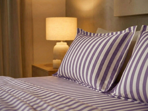 Havana Stripe Berry bedding set on fully made bed – 400TC cotton bedsheet by Snoozy Panda