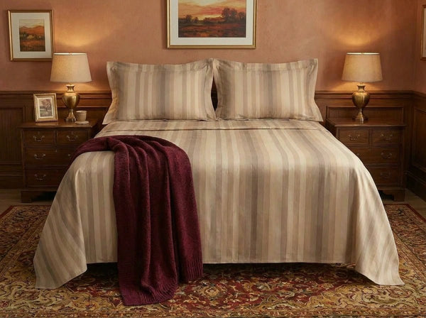 Havana Stripe Caramel complete bedding set – bedsheet with two pillowcases by Snoozy Panda