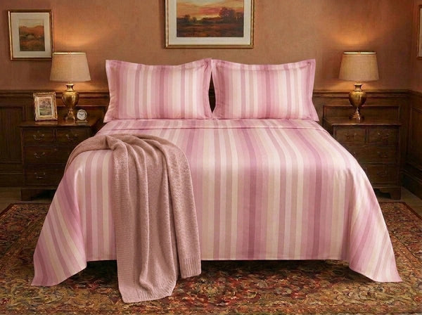 Havana Stripe Candy bedsheet and pillowcase flat lay – Snoozy Panda 400TC Aswan Fabric