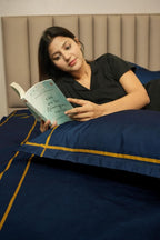 Harbour Hush Lines Bedding Set - Deep Blue - 100% Cotton 400 TC - snoozypanda