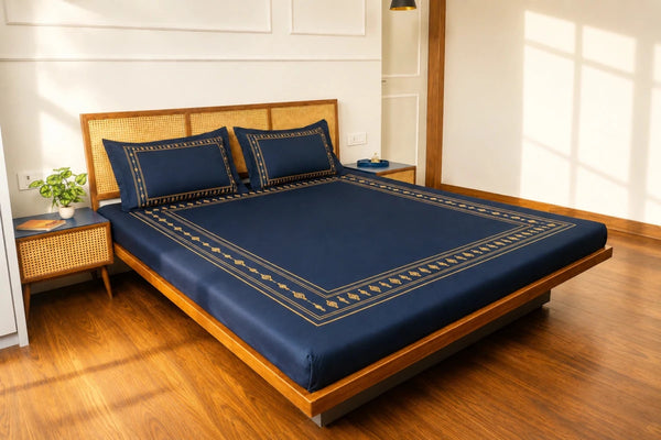Celeste Charm Cradle Bedding Set - Deep Blue - 100% Cotton 400 TC - snoozypanda