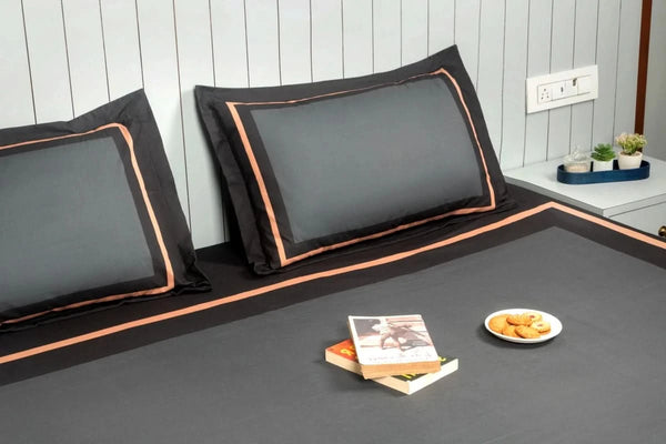 Evening Hug Frame Bedding Set - Charcoal Black - 100% Cotton 400 TC - snoozypanda