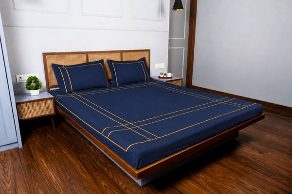 Harbour Hush Lines Bedding Set - Deep Blue - 100% Cotton 400 TC - snoozypanda