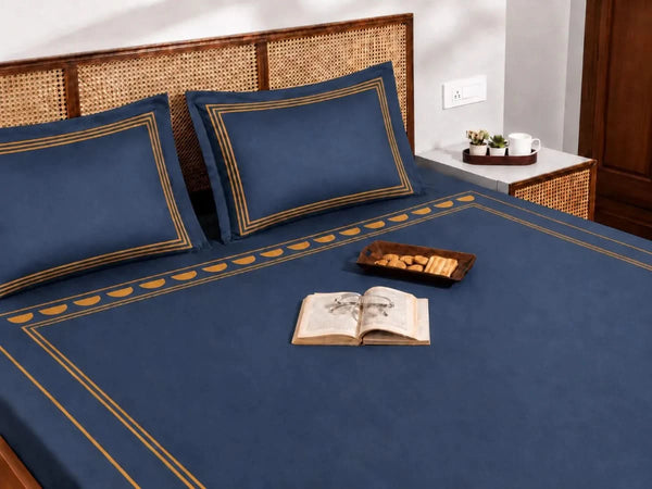Amber Arc Haven Bedding Set - Deep Blue - 100% Cotton 400 TC - snoozypanda