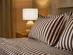 Havana Stripe Mocha bedding set on fully made bed – 400TC Aswan Fabric bedsheet by Snoozy Panda