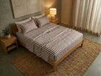 Havana Stripe Mocha bedsheet and pillowcase flat lay – Snoozy Panda 400TC Aswan Fabric