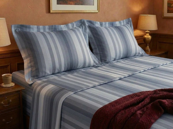 Havana Stripe Ash bedding set on fully made bed – 400TC cotton bedsheet by Snoozy Panda