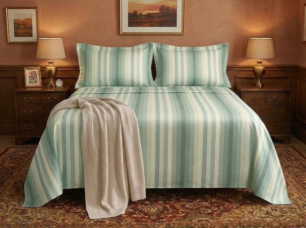 Havana Stripe Pistachio complete bedding set – bedsheet with two pillowcases by Snoozy Panda