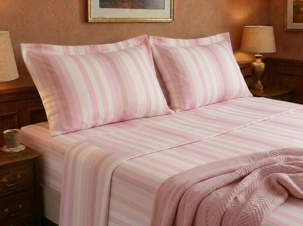 Havana Stripe Candy bedding set on fully made bed – 400TC cotton bedsheet by Snoozy Panda