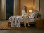 Havana Stripe Mocha bedsheet styled in bedroom – luxury Aswan Fabric bedding by Snoozy Panda